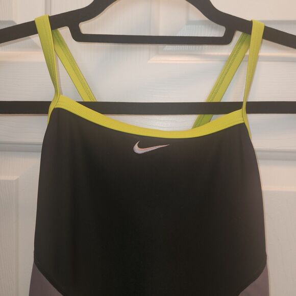 NIKE Multi Color One Piece Competition Swimsuit Open Back Womens 6 Black Neon - Picture 2 of 5